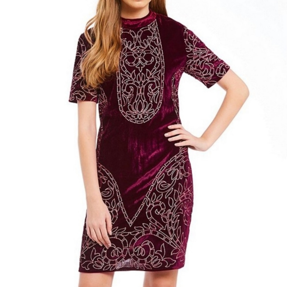 Chelsea & Violet Wine Velvet Gold Embroidered Shift Dress NWT